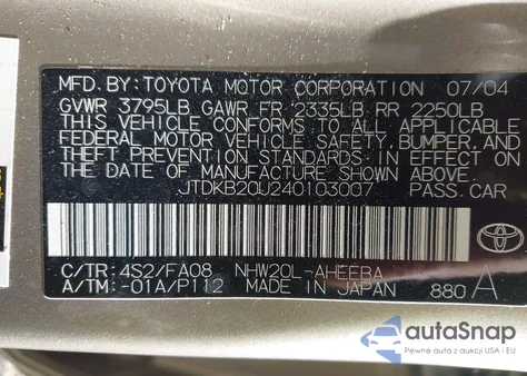 2004 Toyota Prius from USA, damaged, VIN JTDKB20U240103007